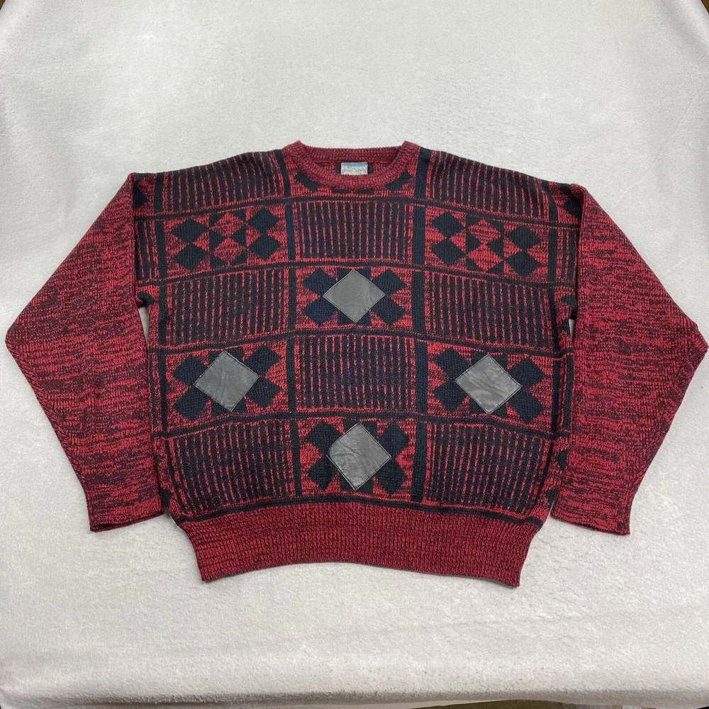 Vintage Playboy Sweater Mens 2X Red Black Pullover Crew Neck Leather Trim - Picture 1 of 9